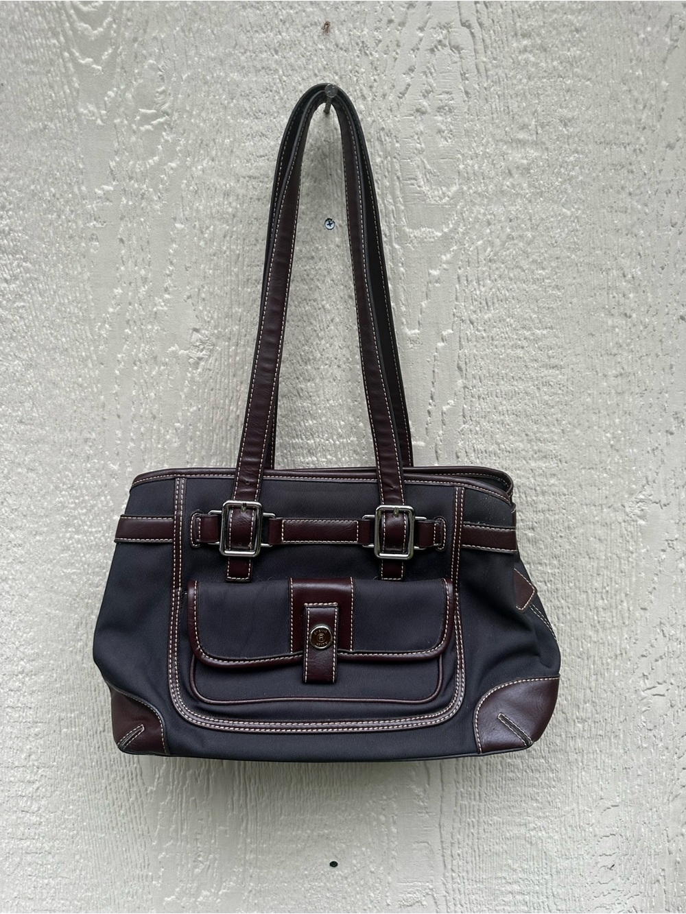 Etienne Aigner Brown Nylon & Leather Trim Shoulder Tote Bag Multi Pocket Zip Top